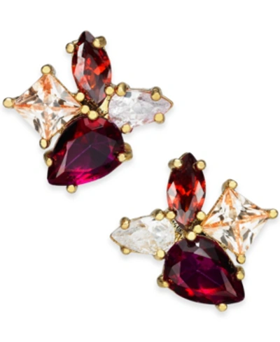 Shop Kate Spade Gold-tone Multi-crystal Cluster Stud Earrings In Red Multi