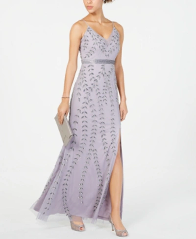 Vine Motif Beaded Evening Dress In Lilac Grey