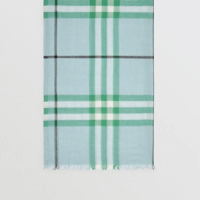 Shop Burberry Lightweight Check Cashmere Scarf In Pale Peridot Blue
