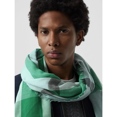 Shop Burberry Lightweight Check Cashmere Scarf In Pale Peridot Blue