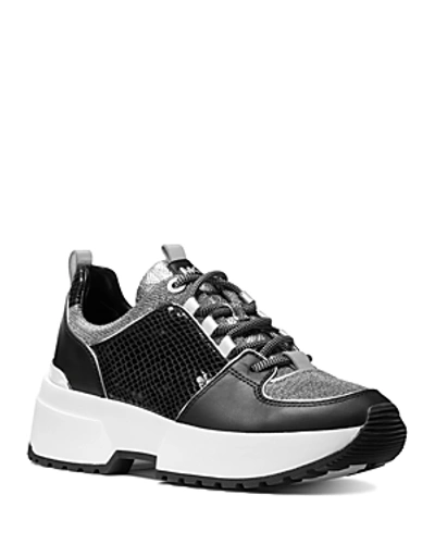 Shop Michael Michael Kors Women's Cosmo Mixed Media Lace-up Sneakers In Black/silver