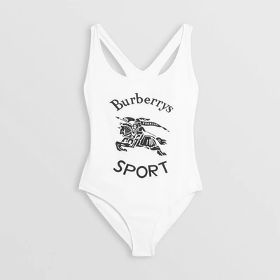 Shop Burberry Archive Logo Print Swimsuit In White