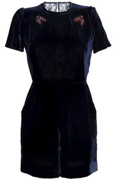 Shop Sandro Cutout Embellished Velvet And Lace Playsuit In Navy