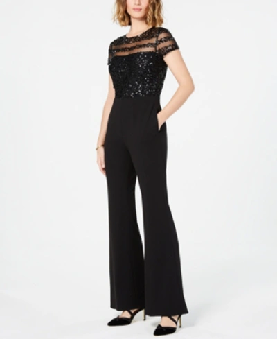 Shop Adrianna Papell Petite Sequined Illusion Jumpsuit In Black