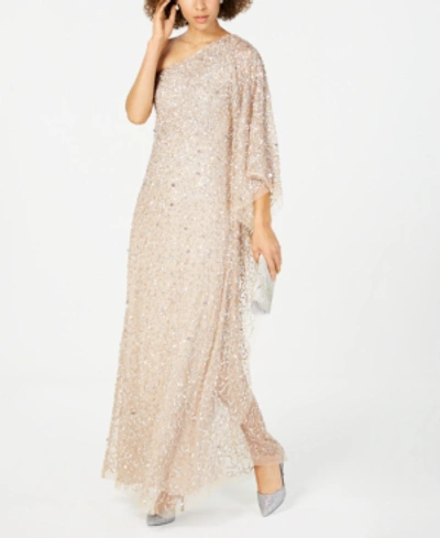 Shop Adrianna Papell Petite Embellished One-shoulder Gown In Champagne