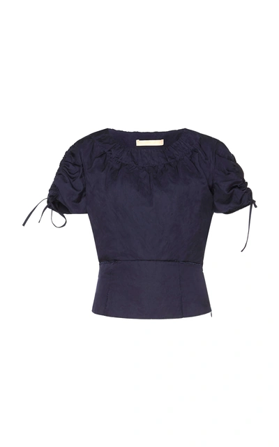 Shop Brock Collection Pera Ruched-sleeve Taffeta Top In Navy
