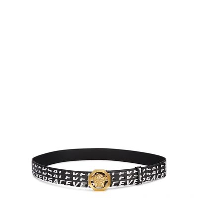 Shop Versace Logo-print Medusa Leather Belt In Black And White