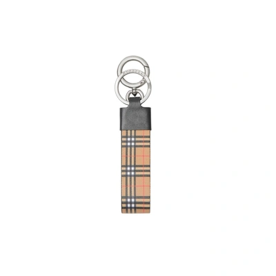 Shop Burberry Small Scale Check And Leather Key Ring