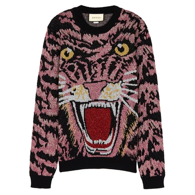 Shop Gucci Metallic Tiger-jacquard Wool-blend Jumper In Pink