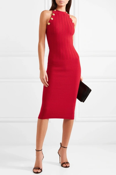 Shop Balmain Ribbed Wool-blend Midi Dress In Red