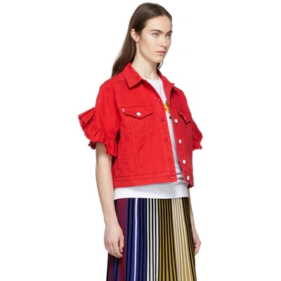 Shop Msgm Red Cropped Sleeve Denim Jacket In 18 Red