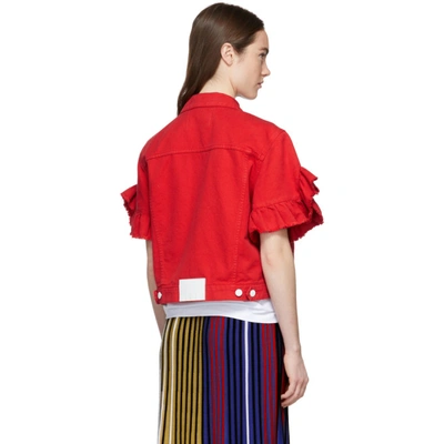 Shop Msgm Red Cropped Sleeve Denim Jacket In 18 Red