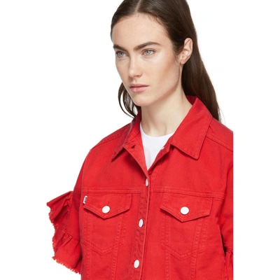 Shop Msgm Red Cropped Sleeve Denim Jacket In 18 Red