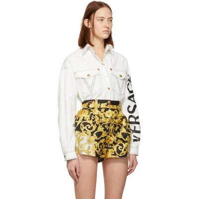 Shop Versace White Denim V Embroidered Shirt In A8065 White