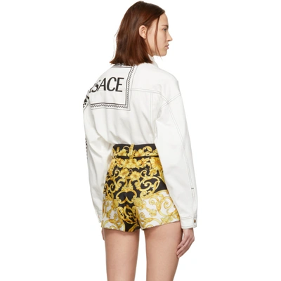 Shop Versace White Denim V Embroidered Shirt In A8065 White