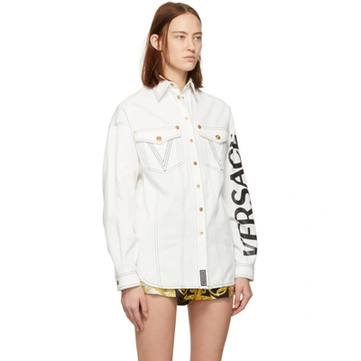 Shop Versace White Denim V Embroidered Shirt In A8065 White