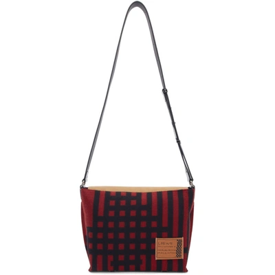 Shop Loewe Beige And Red Grid S Military Messenger Bag In 7399 Red/bk