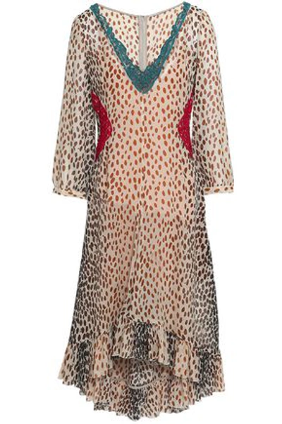 Shop Marco De Vincenzo Woman Lace-trimmed Printed Silk-georgette Dress Beige