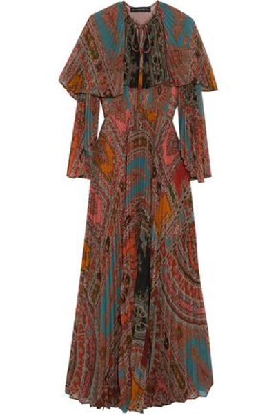 Shop Etro Layered Pleated Printed Georgette Maxi Dress In Brick