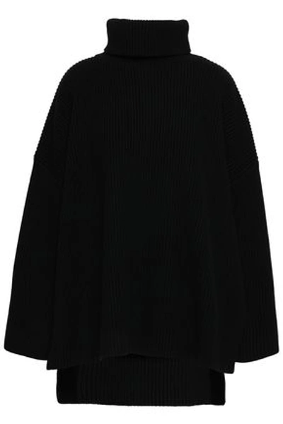 Shop Joseph Woman Wool And Cotton-blend Turtleneck Poncho Black