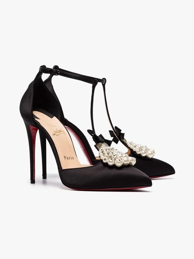 Shop Christian Louboutin Black Goyetta 100 Pearl Embellished Silk Satin Pumps