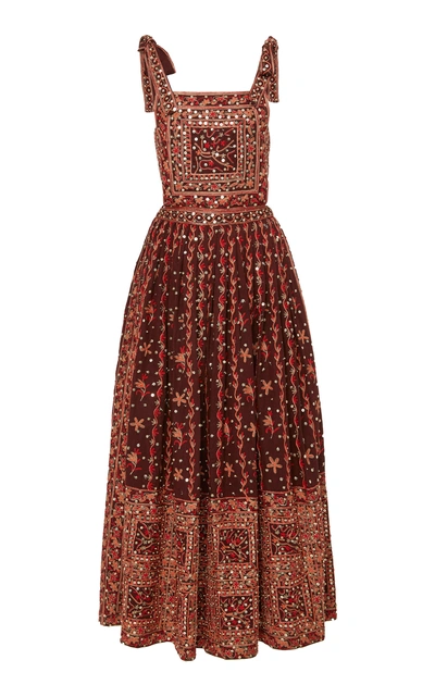 Shop Ulla Johnson Nasya Embroidered Linen-cotton Blend Maxi Dress In Burgundy