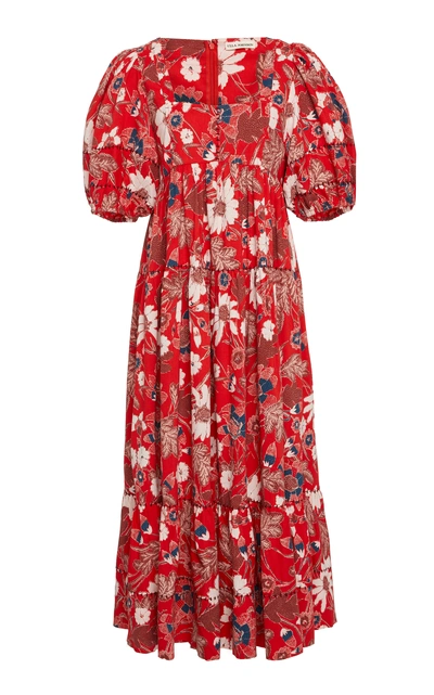 Shop Ulla Johnson Nora Printed Cotton-blend Midi Dress In Red
