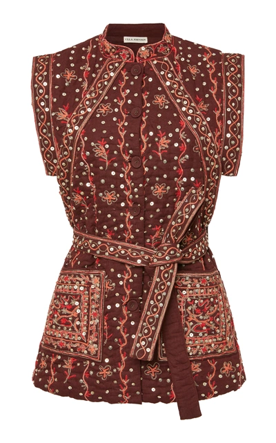 Shop Ulla Johnson Indira Embroidered Linen-cotton Blend Vest In Burgundy