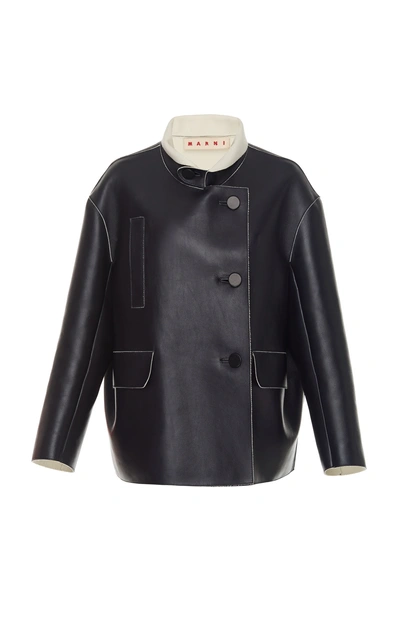 Shop Marni Oversized Leather Jacket With Cashmere Collar In Blue