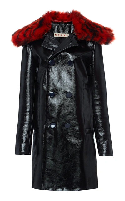 Shop Marni Leather Coat With Dyed Lamb Fur Collar In Black