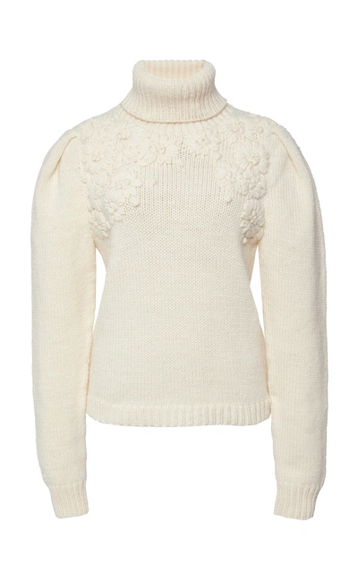 Shop Ulla Johnson Calla Embroidered Merino Wool Turtleneck Top In White