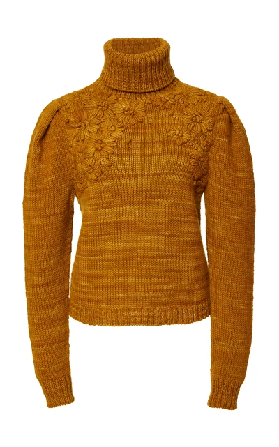 Shop Ulla Johnson Calla Embroidered Merino Wool Turtleneck Top In Orange