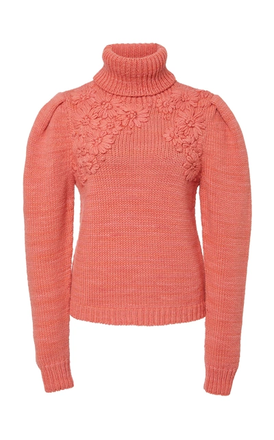 Shop Ulla Johnson Calla Embroidered Merino Wool Turtleneck Top In Pink
