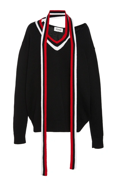 Shop Monse Striped Dropped-shoulder Knit Wool Sweater In Black