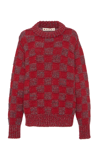 Shop Marni Virgin Wool Woven Check Print Sweater In Red