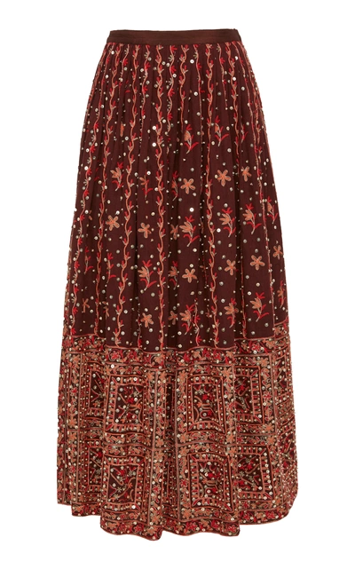 Shop Ulla Johnson Aisha Embroidered Linen-cotton Blend Maxi Skirt In Burgundy