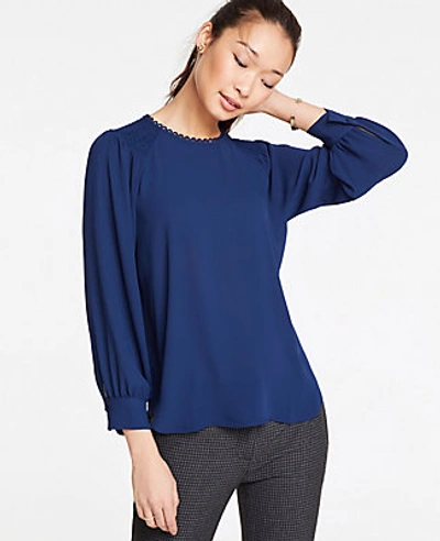 Shop Ann Taylor Smocked Shoulder Scalloped Top In Amazon Navy