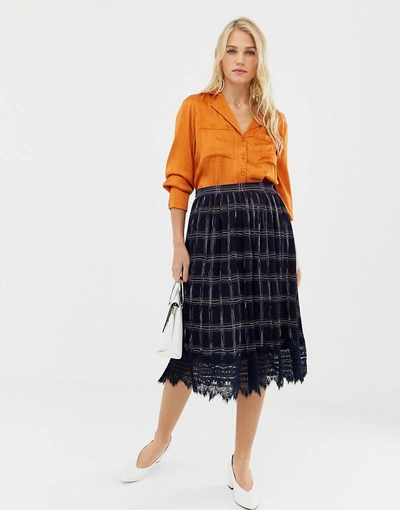 Shop Liquorish Pleated Mid Skirt In Check Print With Lace Trim-navy