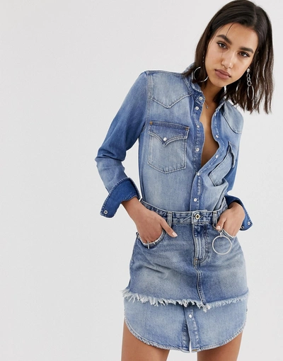 Shop Diesel Denim Shirt Dress With Skirt Overlay-blue