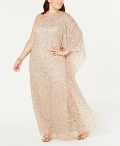 Shop Adrianna Papell Plus Size One-shoulder Sequin Evening Gown In Champagne