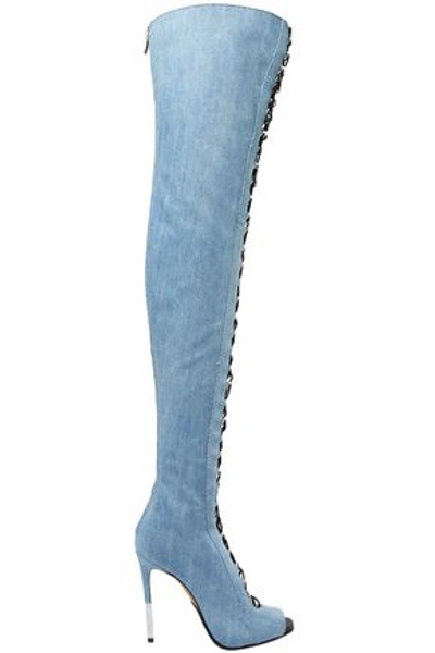 Shop Balmain Campbell Lace-up Faded Denim Thigh Boots In Light Denim