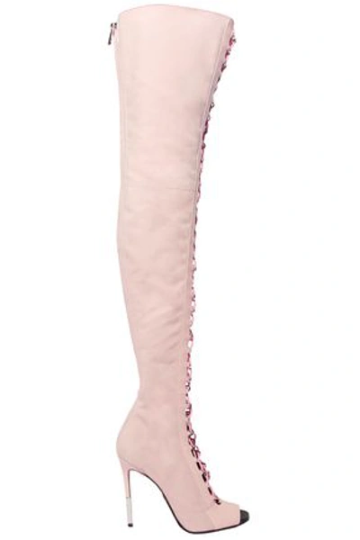 Shop Balmain Campbell Lace-up Leather-trimmed Stretch-suede Thigh Boots In Pastel Pink
