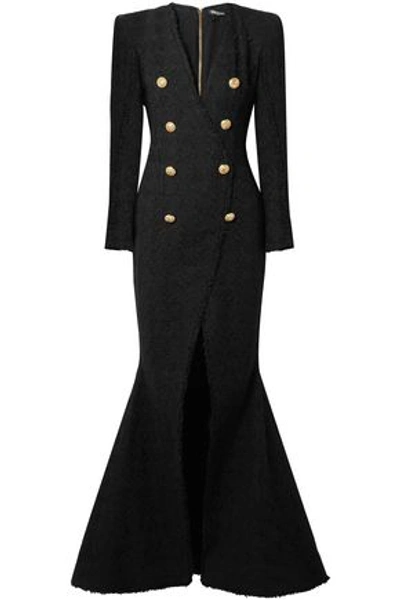 Shop Balmain Woman Button-embellished Tweed Gown Black