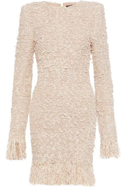Shop Balmain Fringed Metallic Bouclé-knit Mini Dress In Blush