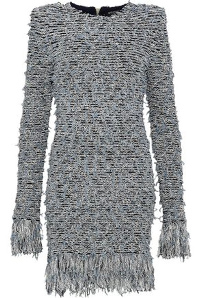 Shop Balmain Fringed Bouclé-knit Mini Dress In Sky Blue