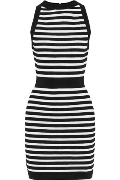 Shop Balmain Striped Stretch-knit Mini Dress In Black