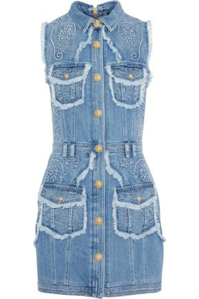 Shop Balmain Woman Frayed Embroidered Denim Mini Dress Blue