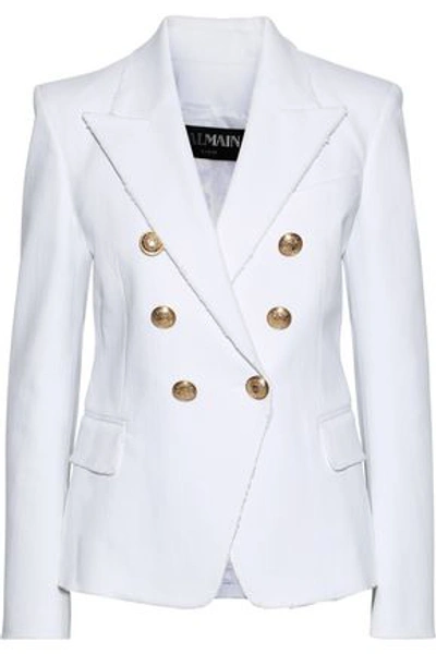 Shop Balmain Woman Button-embellished Distressed Denim Blazer White