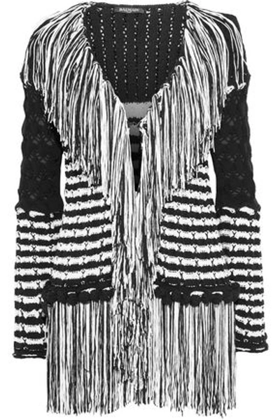 Shop Balmain Woman Fringed Striped Crochet-knit Cardigan Black