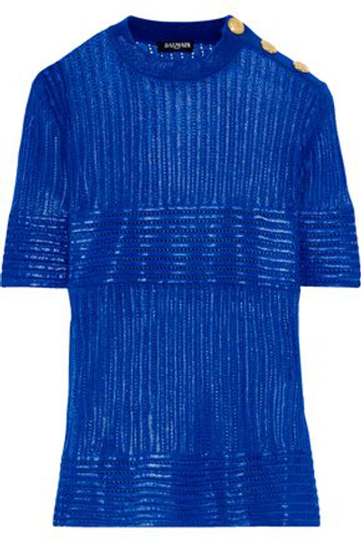 Shop Balmain Woman Button-detailed Coated Pointelle-knit Top Cobalt Blue